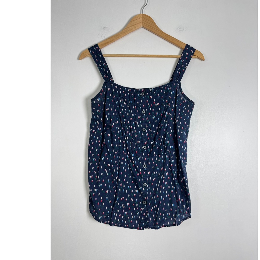 Cottagecore G.H. Bass & Co Women XS Tank Top Navy Blue Floral Tulip Button Front